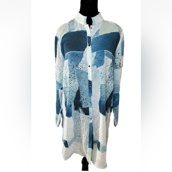 Misook Top Blouse Tunic M Womens White Blue colorful Party Work Office Church - Picture 1 of 10